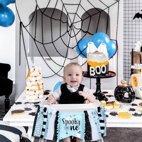1st 1st Halloween Birthday High Chair Banner for Boys Blue and Black Spooky One High Chair Banner for Halloween Theme