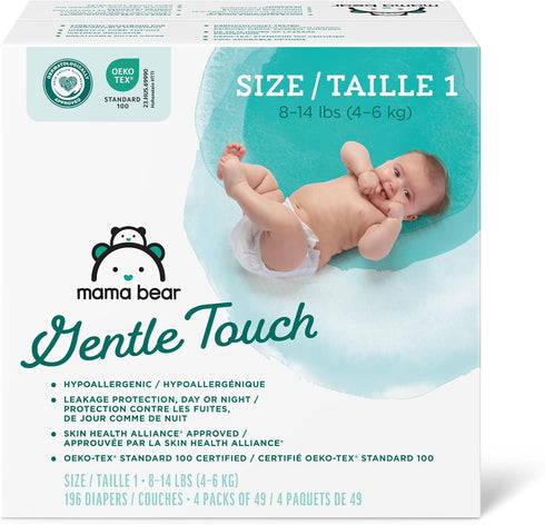 Mama Bear Gentle Touch Diapers, Hypoallergenic, Size 1, 196 Count (4 Packs of 49) - Amazon Brand, White
