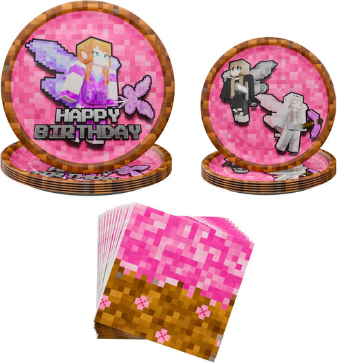 Blue Orchards Pixel Girl Party Plates and Napkins - 60 pieces for 20 Guests, Video Game Birthday Decorations for Girls