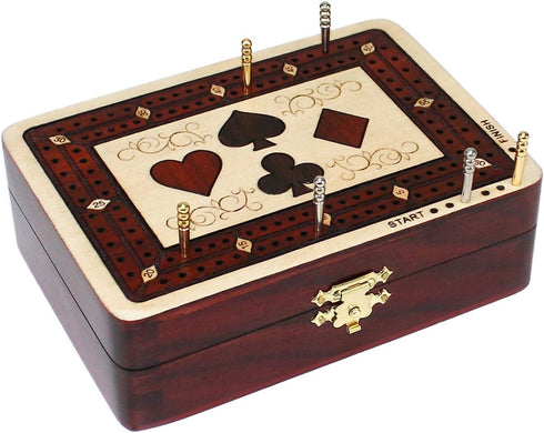 Wooden Cribbage Board/Box - 2 Track, Inlaid in Maple Wood/Bloodwood, Storage for Pegs & One Deck of Cards, 60 Points