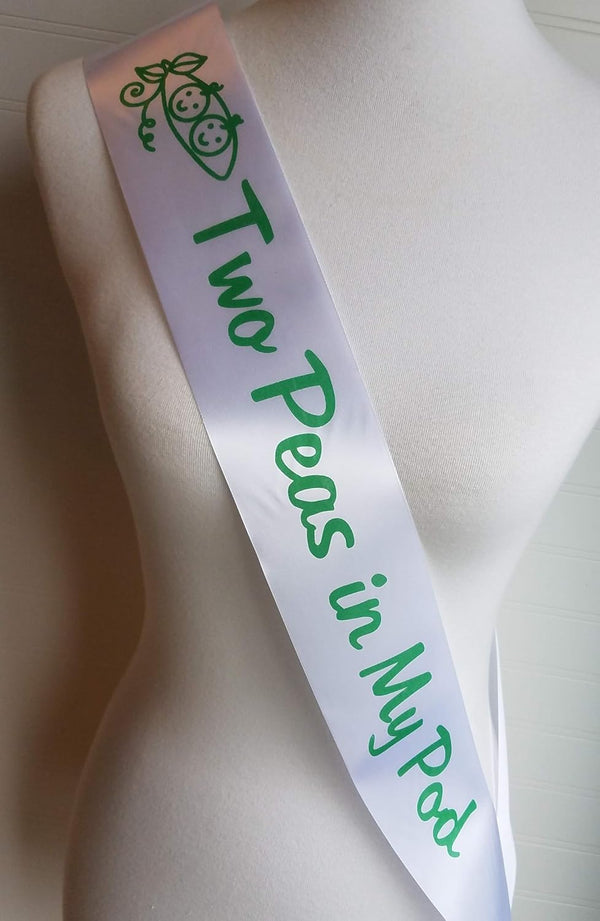 Amy's Bubbling Boutique Twin Baby Shower Sash, Two Peas in My Pod for Mom to Be, White & Green