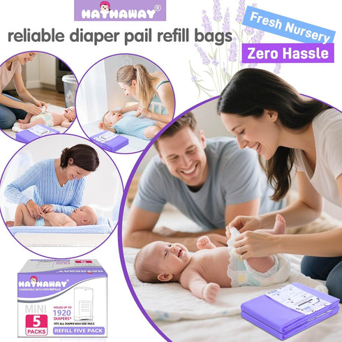 RUZAKO 30% 5 Pack Diaper Pail Refill Bags Compatible With Dekor Mini Diaper Pail, Extra Length, Lavender Scent