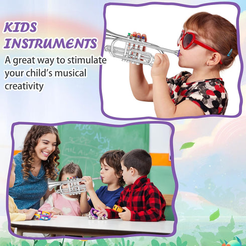 Treela Set of 3 Musical Instruments, Saxophone Trumpet and Horn for Beginners, Colorful Keys Coded for Boys Girls