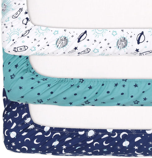 The Peanutshell Pack n Play Sheets, Fitted Mini Crib Sheets, Celestial Space 3 Pack for Boy or Girl