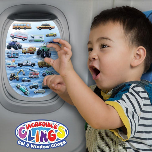 Cars and Trucks Window Clings for Kids & Toddlers by Jesplay USA - Reusable Gels & Decals, Puffy Sticker Activities