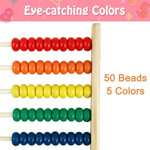 Wooden Abacus for Kids Math - 50 Beads Counting Toy, Multi-Color Counters for Preschool Learning & Development