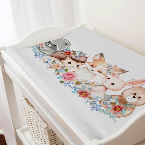 Cute Woodland Animals Spring Floral Changing Pad Cover, Bear Raccoon Hedgehog Rabbit Sheets for Boys Girls, 32"x16"