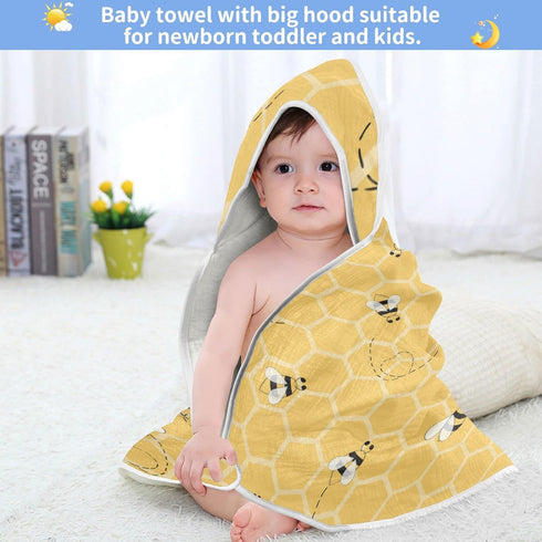 Honey Bees Hooded Bath Towel for Baby Boys Girls, Organic Cotton 30 x 30 Inch Beehive Shower Towel