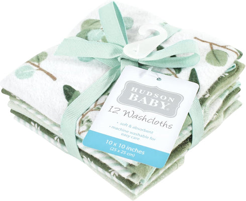 12Pk, Hudson Baby Unisex Baby Flannel Washcloths, Eucalyptus One Size