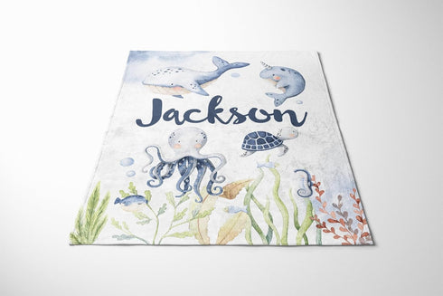 UnoCo Under The Sea Baby Blanket, Personalized Baby Boy Blanket, Baby Name Blanket, Under The Sea Nursery, Ocean Crib
