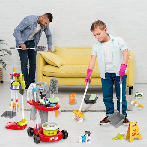 Kids Cleaning Set for Toddlers - Pretend Play Housekeeping Supplies with Real Working Vacuum, Broom, Spray Bottle, Dust