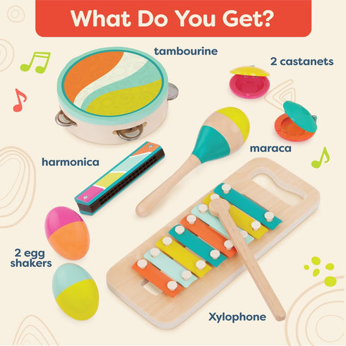9 2+ B. toys Make a Melody Pieces Wooden Musical Instruments Xylophone, Tambourine, Harmonica Drawstring Storage Bag