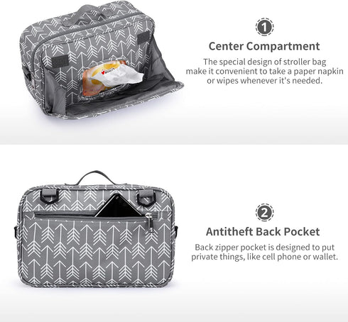 Universal Stroller Caddy Accessories, All-in-One Baby Organizer with Insulated Pocket for Diapers, Toys & Snacks