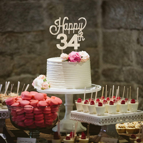 LINGTEER Happy 34th Birthday Gold Rhinestone Cake Topper - Cheers to 34 Years Old Anniversary Party Decorations