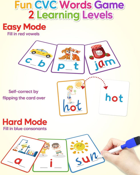 Gojmzo CVC Word Writing & Spelling Flash Cards, Preschool Learning Activities for Kindergarten Homeschool Supplies