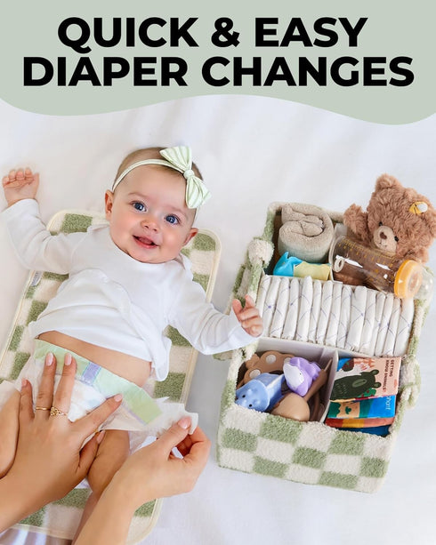 Checkered Diaper Caddy Organizer with Portable Changing Mat - Teddy Fleece Diaper Organizer for Changing Table - Caddy