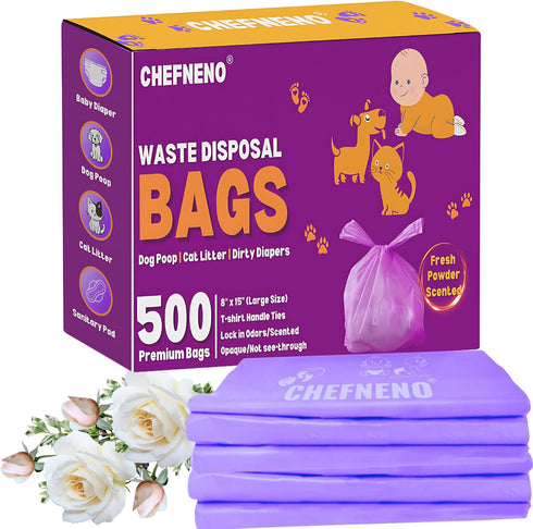 Disposable Baby Diaper Bags (500 Bags) Fresh Powder Scented Easy Tie Handles