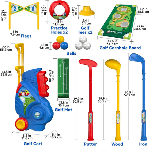 Liberry Toddler Golf Set for Boys & Girls Age 2-5, Upgraded Kids Golf Cart with Cornhole Board & Putting Mat