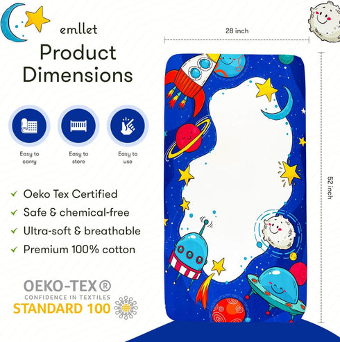 Emllet 100% 52x28in Cotton Fitted Crib Sheet Cosmic Adventure Space Theme, Soft Nursery Bedding for Baby Boy or Girl