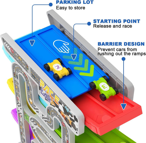 2 3 10 18+ aotipol Toddler Toys for Year Old Boy Girl, Double-Track Car Ramp Toy with Pull-Out Parking Lots & Mini