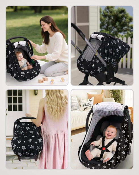 2 Summer Car Seat Cover Baby Boy, Infant Car Seat Canopy Outdoor, Layers with Mesh and Sun Shade Window for Winter