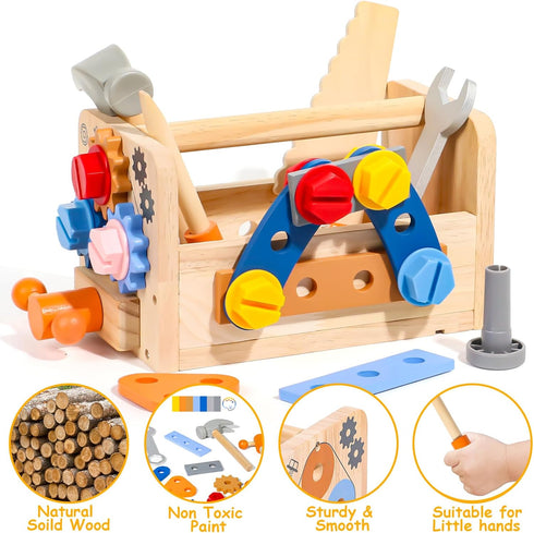 Set 39 2 3 4 3-5 TONZE Kids Tool with Apron, PCS Wooden Toddler Tool Bench Box Montessori Toys for Year Old Boys Girls