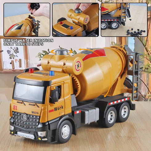 Cement Mixer Construction Toys, Metal DieCast Cement Mixer Truck Model with Simulated Sounds and Lights