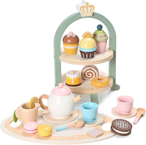 23pcs Set Set Set Playset Wooden Tea for Little Girls, Toddler Tea Wooden Toys Play Kitchen Accessories with Cupcake