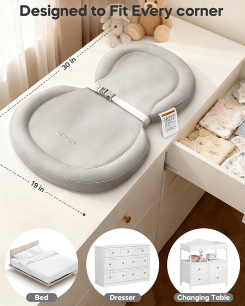 30"x18", Mamatepe Peanut Baby Changing Pad, Foldable Travel On-the-Go with Non-Slip Base & Safety Belt, Wipeable PU