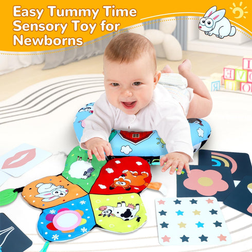 Tummy Tummy Tummy 0-12 Time Pillow, High Contrast Time Mat with Black & White Flash Cards, Double-Sided Time Cushion