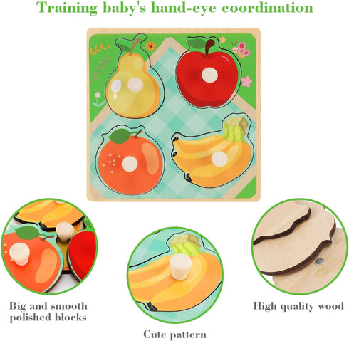 Wooden Peg Puzzles for Toddlers 1-3, Educational Preschool Peg Puzzle Toy, Set of 4 - Farm, Dinosaur, Fruit and Marine