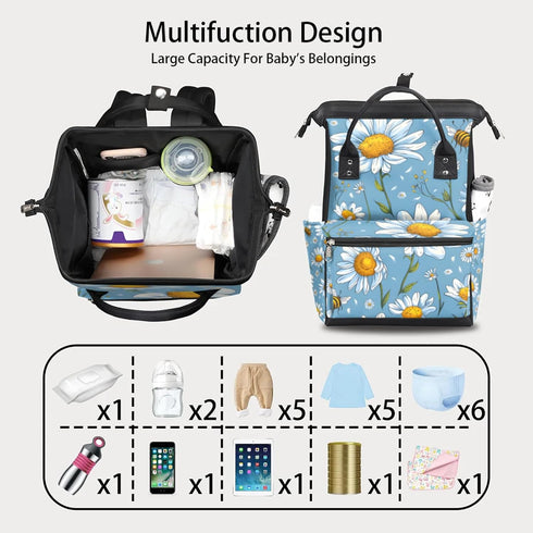 Hsnar Backpack Flowers Daisy Bees Waterproof Diaper Bag Large Capacity Baby Bag with Stroller Straps, Multi-Pocket