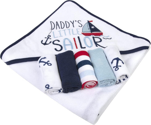 Set 6-12 Baby Hooded Bath Towel and Washcloth for Infants, Boys and Girls Months (Daddy's Sailor)