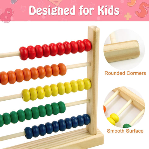 Wooden Abacus for Kids Math - 50 Beads Counting Toy, Multi-Color Counters for Preschool Learning & Development