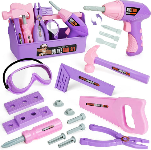 Kids Tool Set with Toy Drill and Tool Box, Construction Tools for Pretend Play Gifts for Toddlers Aged 3-7