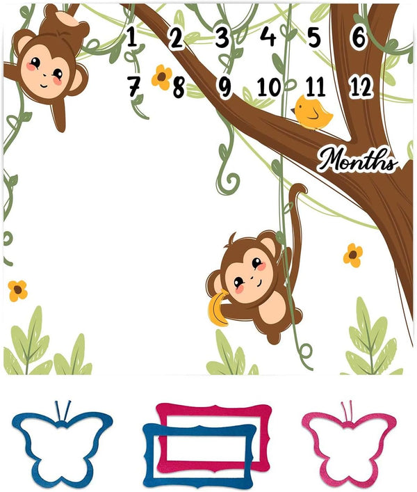 Naughty Little Monkey Baby Monthly Milestone Blanket for Boy Girl, Blanket with Month Marker Frame, 48x40in, 1-12 Months