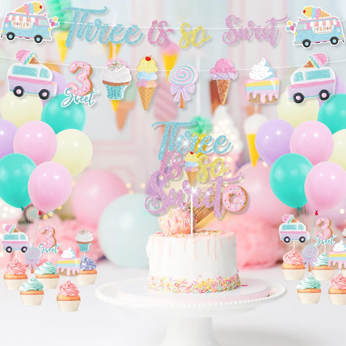 Three Is So Sweet Ice Cream Party Decorations - Banner, Cake, Cupcake Toppers, Macaron, Balloons for Donut Theme Third