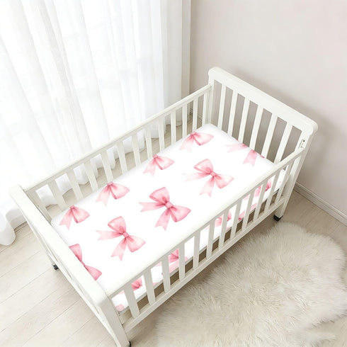CZXW 52" 28" Pink Bows Ribbons Crib Sheets Fitted x Natural Cotton Soft & Breathable for Baby Crib Mattress