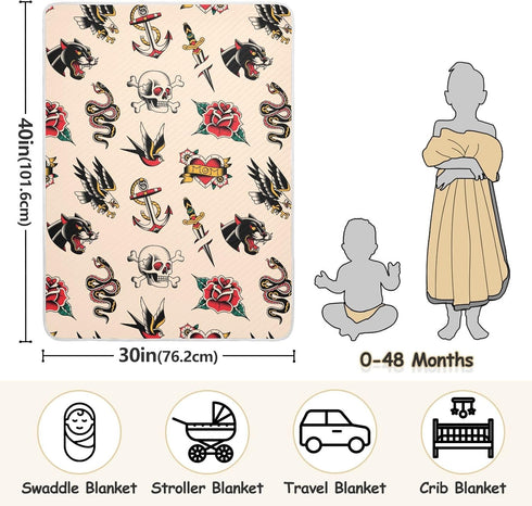 Old School Tattoo Baby Blanket Cozy Cotton Throw Blanket Warm Nursery Receiving Toddler 30" x 40