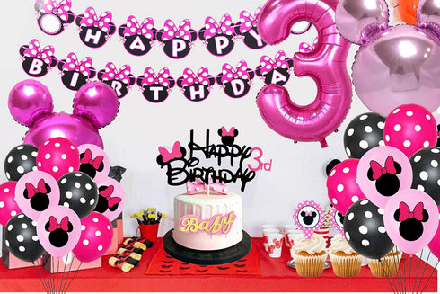 50pcs Pink Mouse Birthday Decorations, 3 Year Old Girl Party Supplies, Balloons, Cake Topper, Cupcake Topper