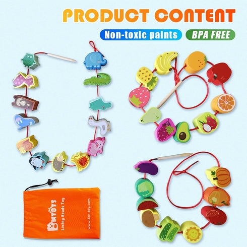 BMTOYS Montessori Educational Threading Toys, Wooden Stringing Farm Animals, Fruits Lacing Beads Preschool Toy for
