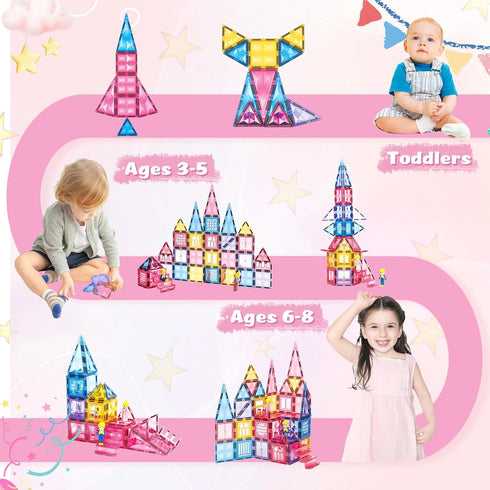 Princess Magnetic Tile Castle - 3D Building Block Set for Kids, Pink Magnetic Building Blocks with Doll, Ages 3-8