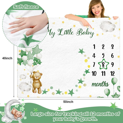 Sleeping Bear Monthly Baby Milestone Blanket Bear Star Balloon Flannel Blanket Boy Newborn Infant Swaddle Blanket Growth Chart Baby Blanket with Frame for Boys Girls Nursery (Green) by Mindsoft
