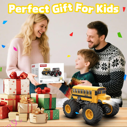 1/18 2.4GHz Remote Control School Bus Toy for Kids, RC Monster Truck Toy with LED Lights & Sound, Rechargeable Electric