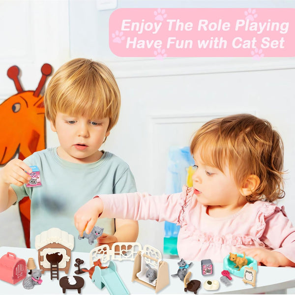 43Pcs Cat Figures Playset, Interactive Pretend Play Kit, Realistic Cats Care Center for Girls Boys Age 3 4 5 6+,
