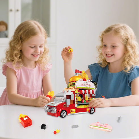 ecpoteny Set, 566PCS Playset 6+ Piggy Burger Truck Mini Building Creative Fast Food Truck City Car Toy, Imaginative