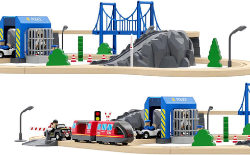 Wooden Train Tracks Accessories, Police Station Compatible with All Railroad Track Collection, Train Toys Expansion