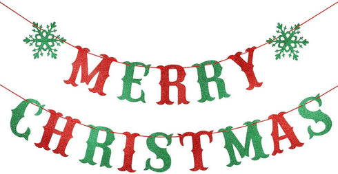 Red and Green Merry Christmas Banner, Merry Xmas Sign Garland for Christmas Party Decorations, Holiday Mantle Decor