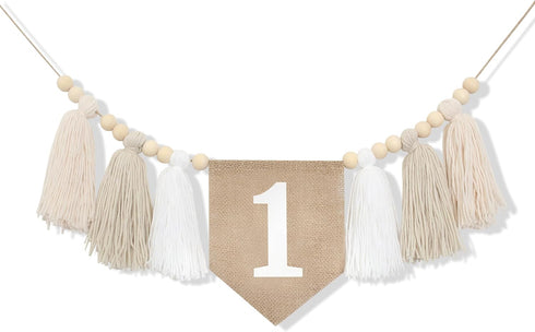 1st 1st BOOMPA White Birthday High Chair Banner - Wood Bead Tassel Garland - Pure Angel Birthday Photo Backdrop - Wall