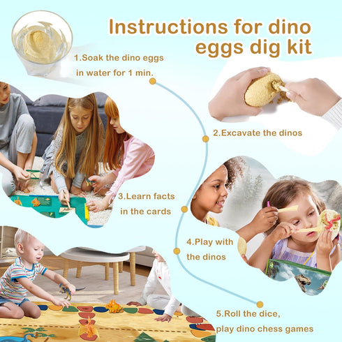12 5-7 3 4 5 6 7 8 8-13 Dino Fossil Eggs Dinosaur Toys - Dinosaur Eggs Dig Excavation Kit w Play Mat for Kids Ages
